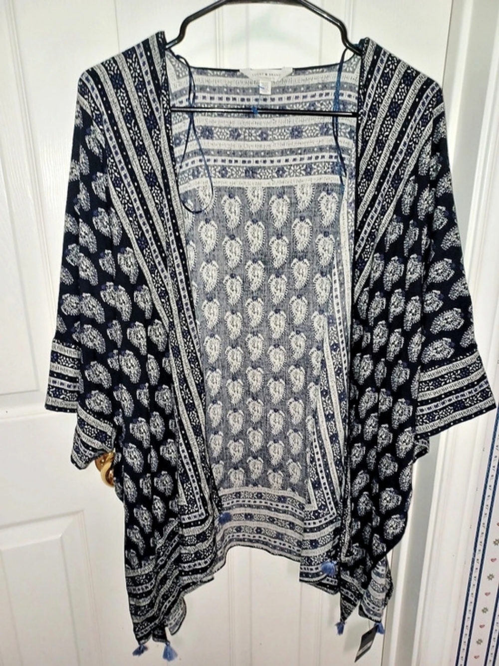 Lucky Brand Printed Tassel Kimono Blue & White Small NWT